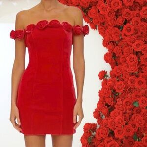 Red Elegant Rose-Embellished Velvet Mini Dress